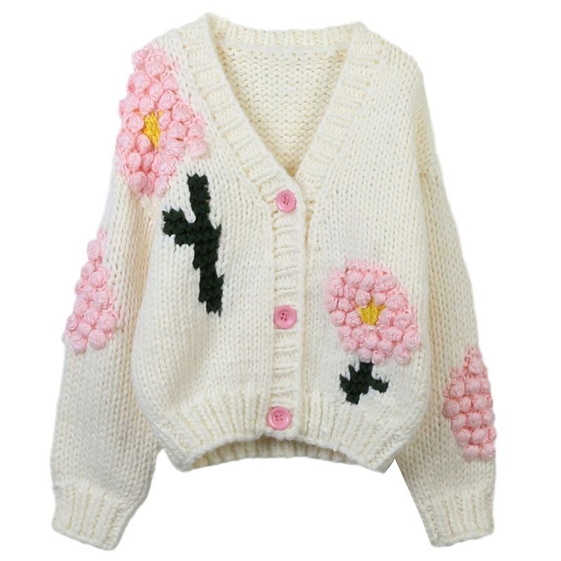 Hand Knit Floral V Neck Buttons Up Knitted Cardigan Women Sweater