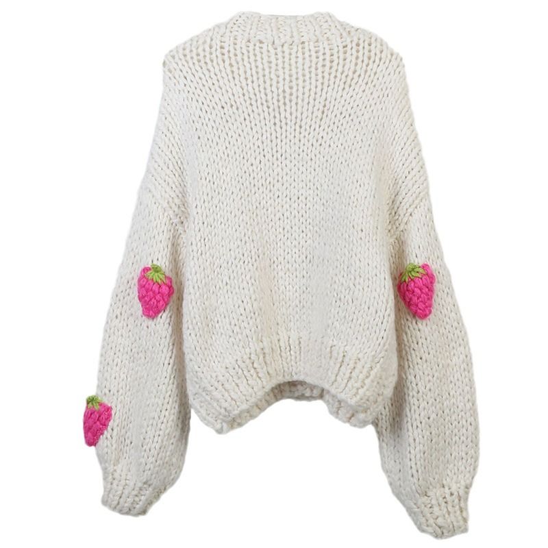 Hand Knit Strawberry Cardigan Sweater Women Chunky Winter Sweater