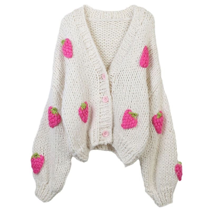 Hand Knit Strawberry Cardigan Sweater Women Chunky Winter Sweater