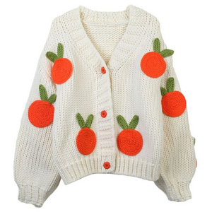 Carrots Decoration V Neck Women Oversize Hand Knitted Cardigan Sweater