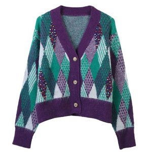 Rhinestones Decoration Argyle Jacquard Knit Cardigan Knitwear Women's Sweater