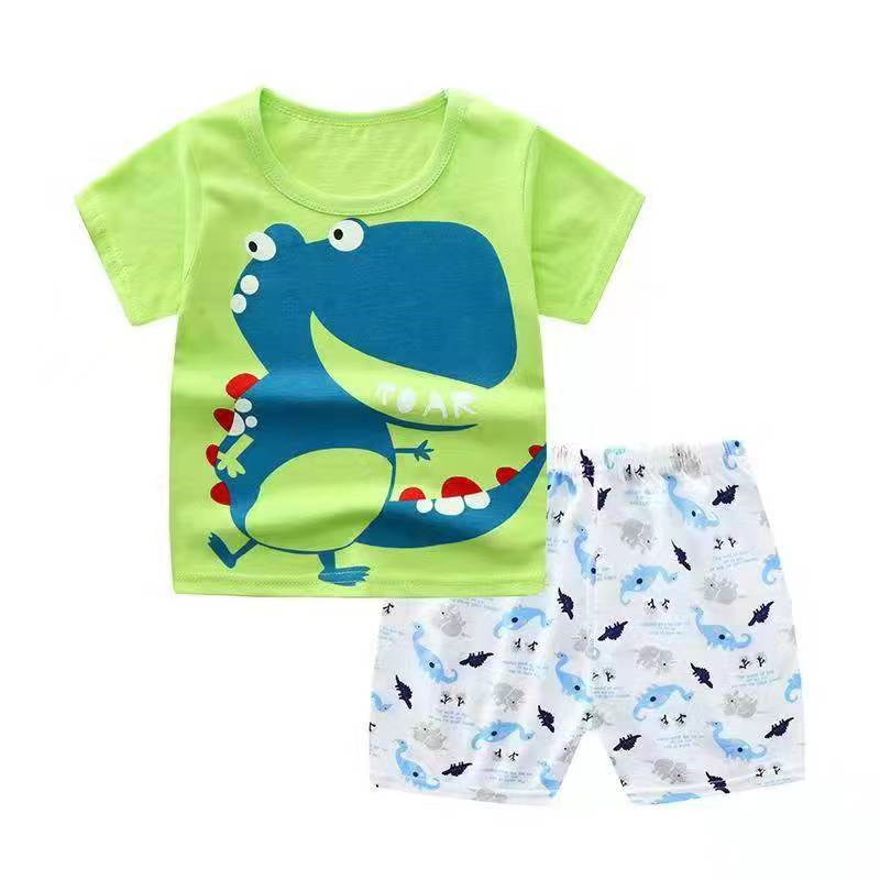 Cute Animal Pattern Green o-Neck Short Sleeve Neutral Baby Boys Kids Clothing