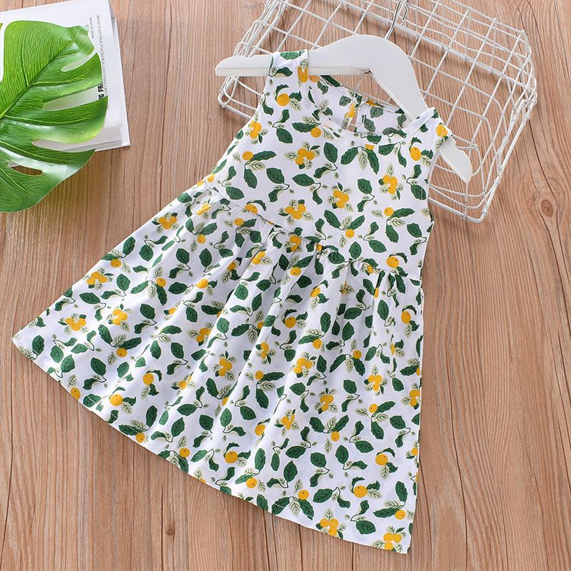 Summer Cotton Halter Vest Skirt Girls Floral Princess Dress Beach Dress Children's Dresses White Beige Kids Girls Dress