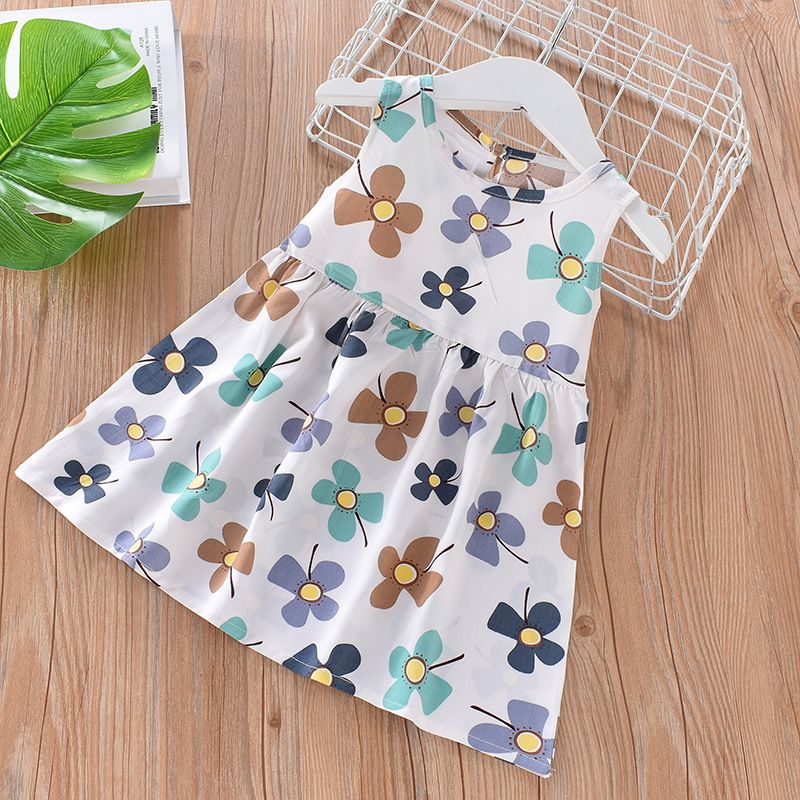 Summer Cotton Halter Vest Skirt Girls Floral Princess Dress Beach Dress Children's Dresses White Beige Kids Girls Dress