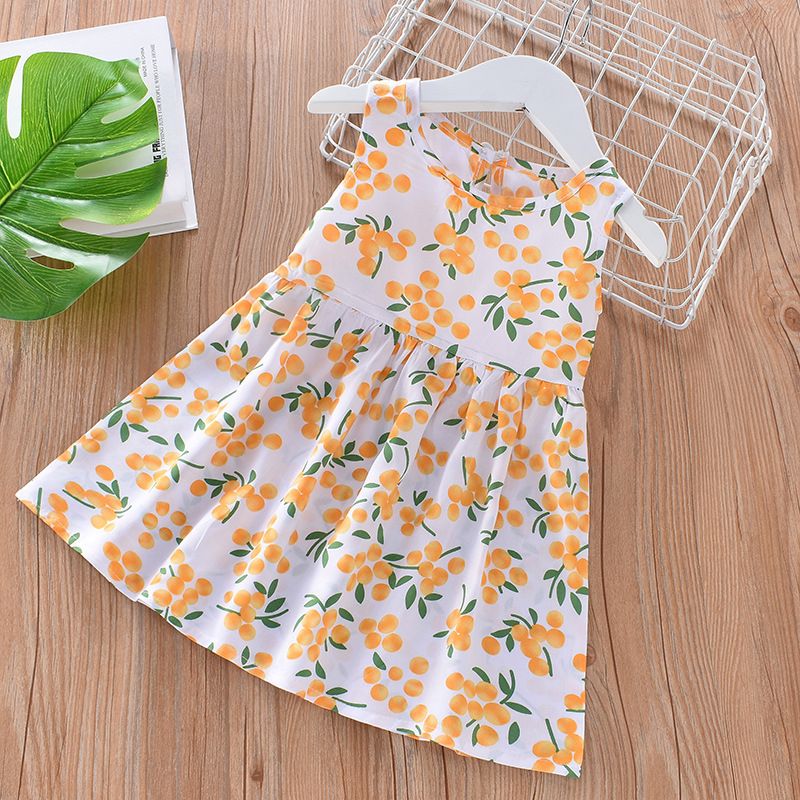 Summer Cotton Halter Vest Skirt Girls Floral Princess Dress Beach Dress Children's Dresses White Beige Kids Girls Dress