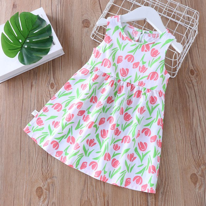 Summer Cotton Halter Vest Skirt Girls Floral Princess Dress Beach Dress Children's Dresses White Beige Kids Girls Dress