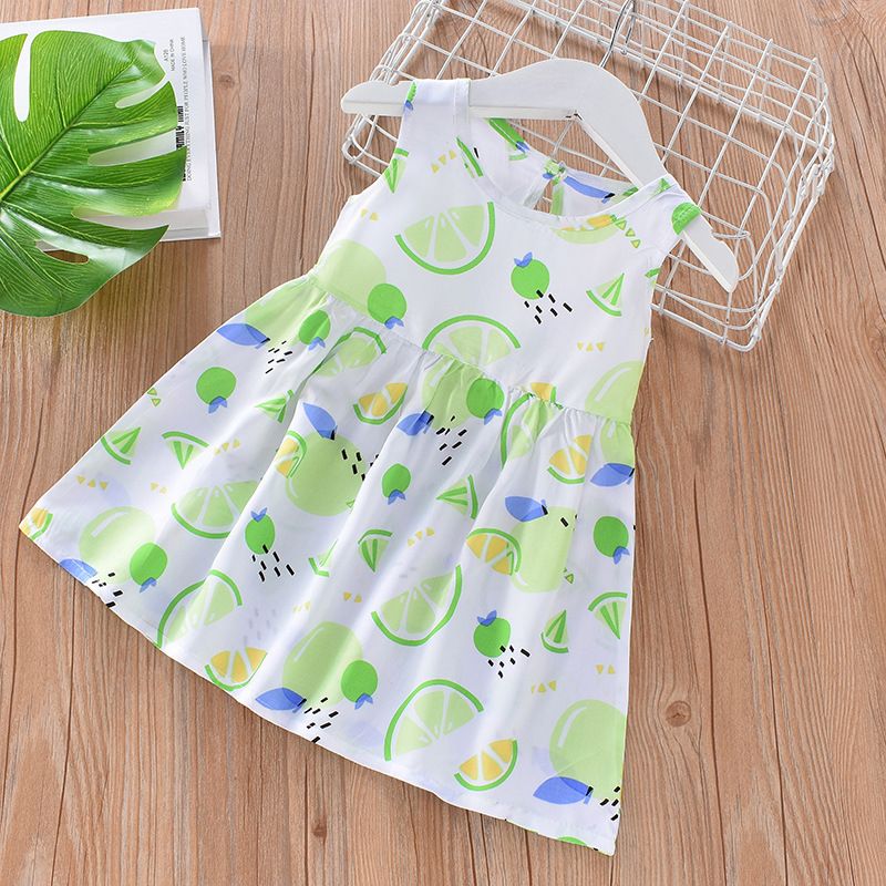 Summer Cotton Halter Vest Skirt Girls Floral Princess Dress Beach Dress Children's Dresses White Beige Kids Girls Dress