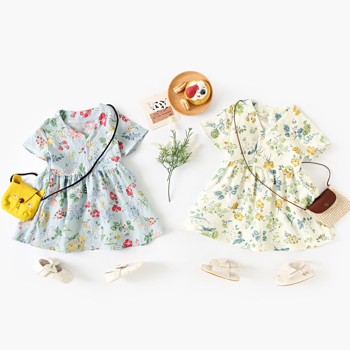 Summer Tween Baby Girls Dress Floral Female Short-Sleeved Beach Korean Children's Skirt Retro Ins Baby Clothes