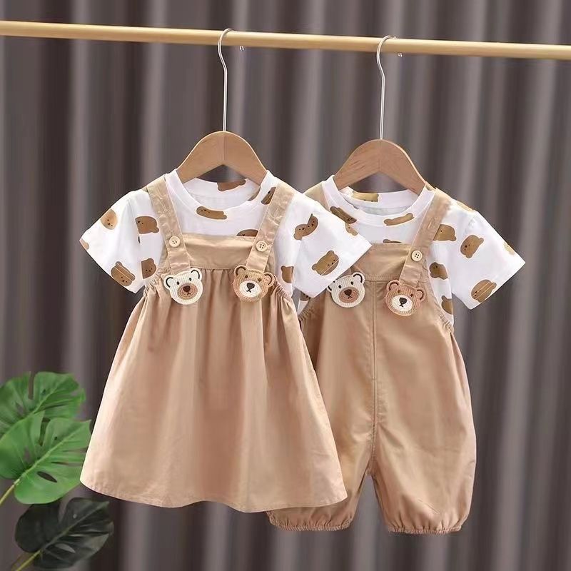 Boys And Girls Baby Strappy Trousers Suit Skirt Foreign Short-Sleeved Two-Piece Baby Dress Children's Clothing