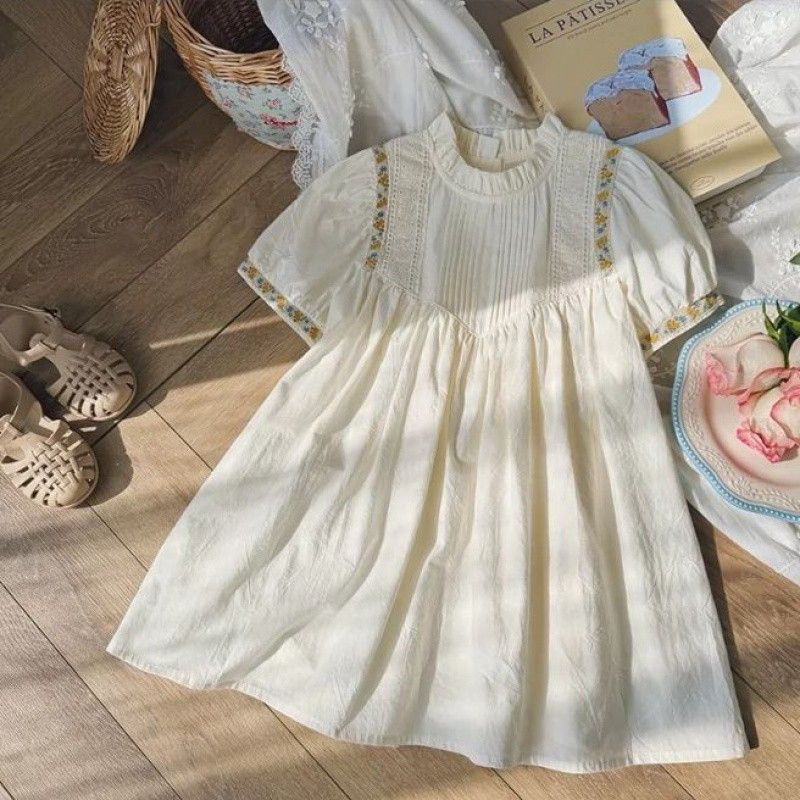 Children's Dresses Half Sleeved Embroidery French Solid-Coloured Princess Girls Dresses