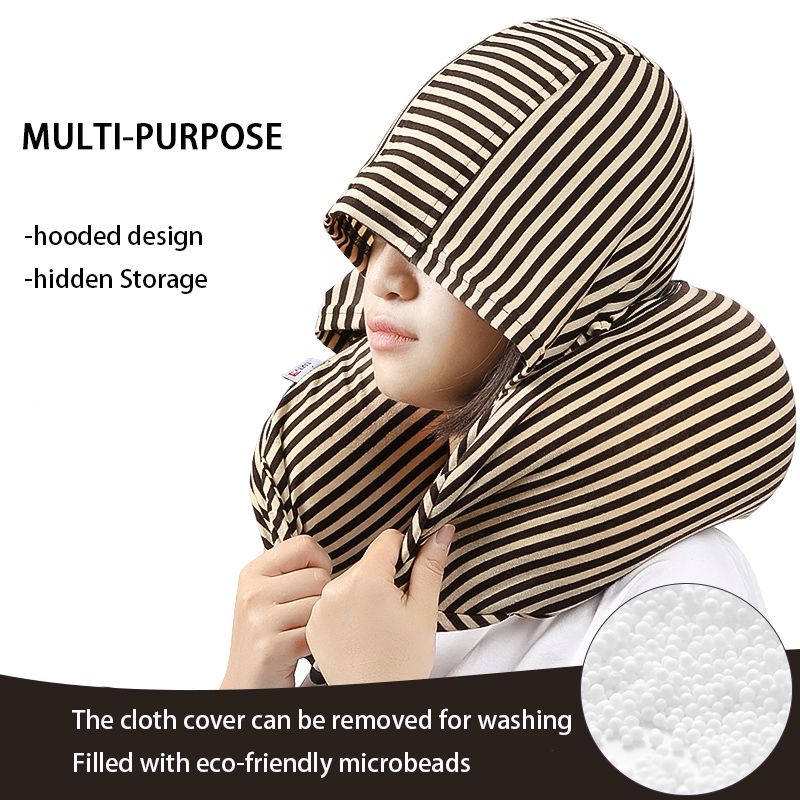 Creative Hooded U-Shaped Neck Pillow with Microbeads Removable Washable Airplane Travel