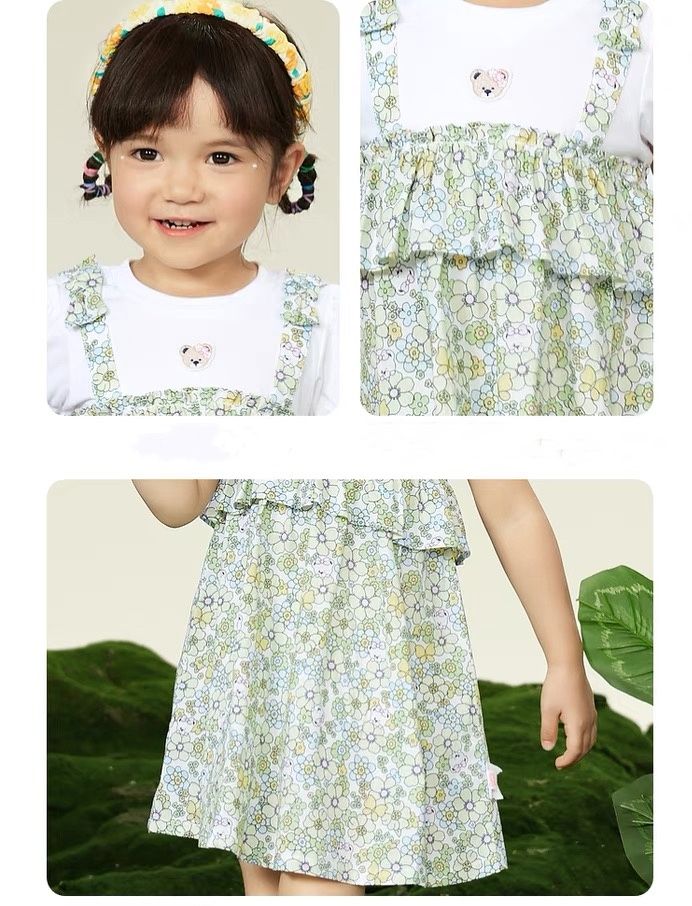 Summer Baby Girl Children's Splicing Fake Two Pieces Children Floral Dresses