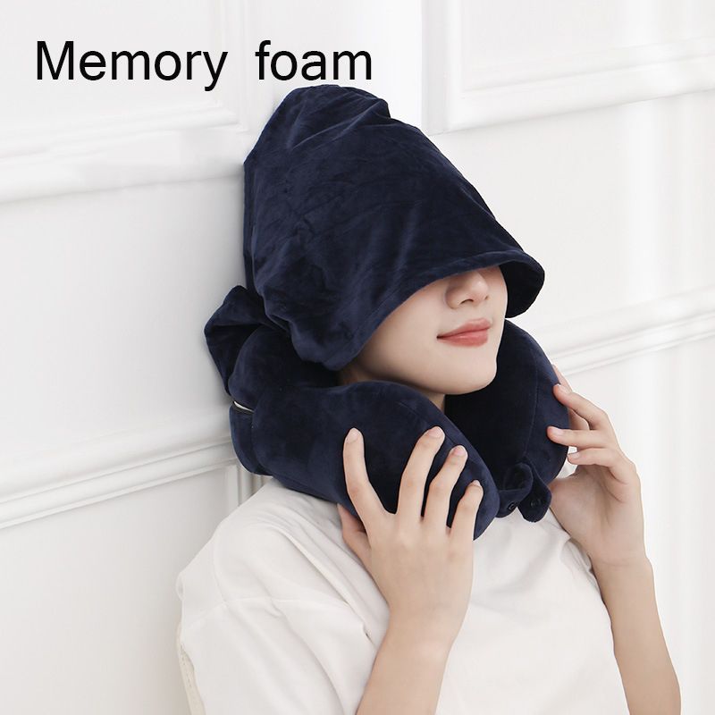 Custom Color Light Blocking Foldable Portable Four-Hump Travel Neck Pillow with Hood for Nap