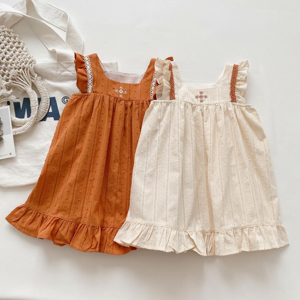 Summer Tween Baby Girls Dress Floral Female Short-Sleeved Beach Korean Children's Skirt Retro Ins Baby Clothes