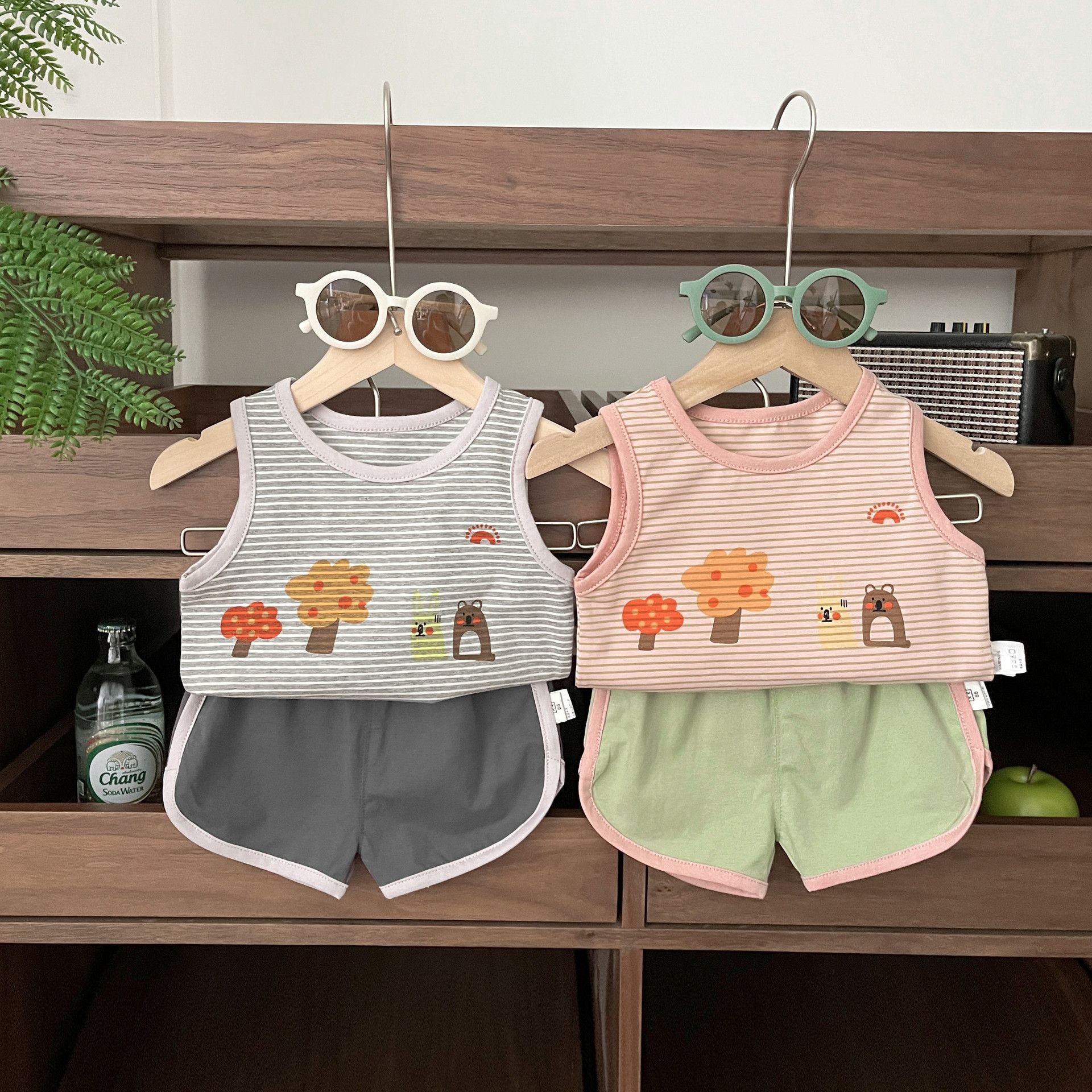 Pattern Printed Sleeveless T-shirt Vest Tops With Shorts Baby Boys Girls New Clothes Set