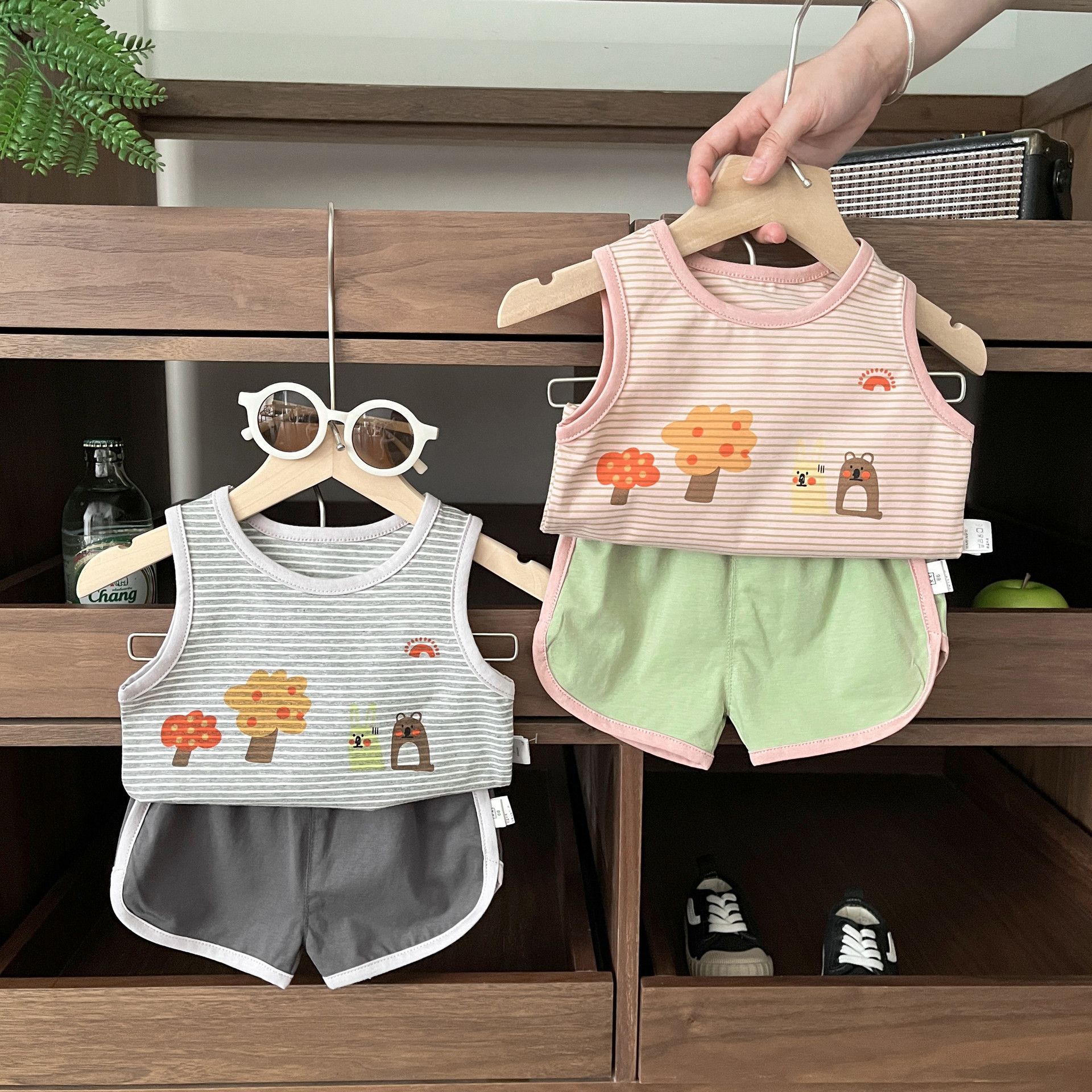 Pattern Printed Sleeveless T-shirt Vest Tops With Shorts Baby Boys Girls New Clothes Set