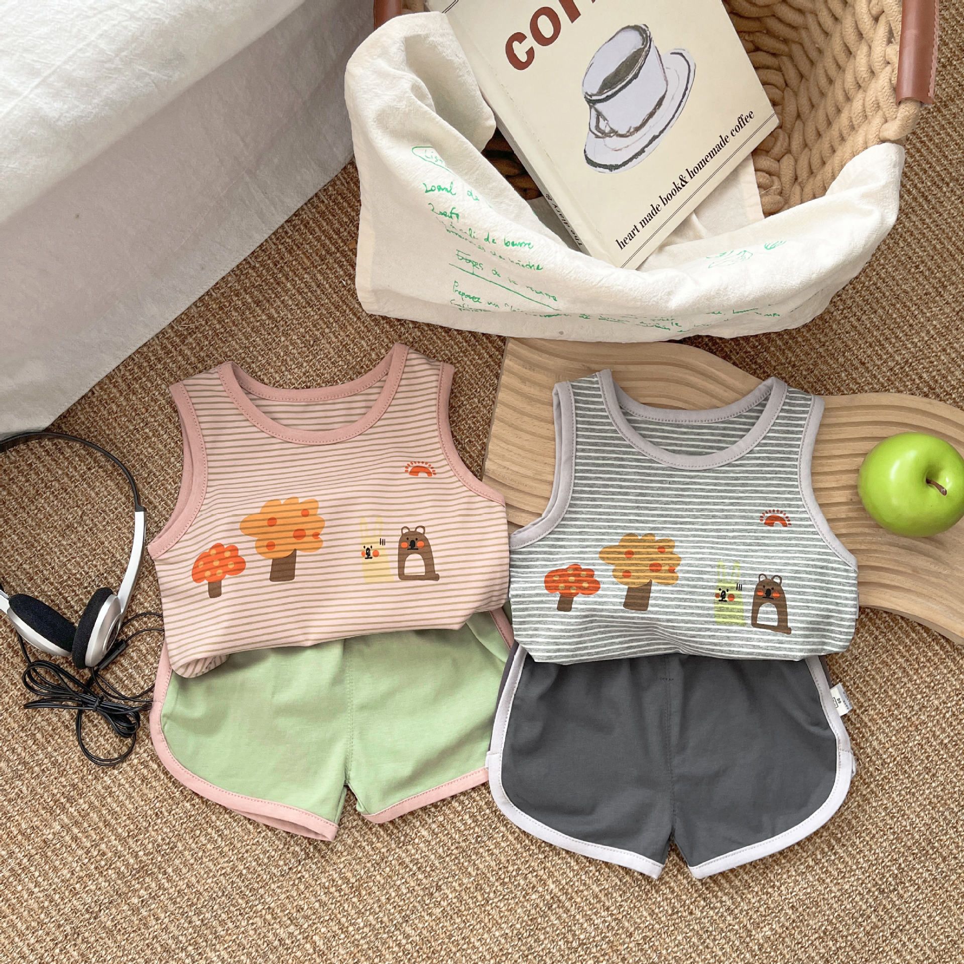 Pattern Printed Sleeveless T-shirt Vest Tops With Shorts Baby Boys Girls New Clothes Set