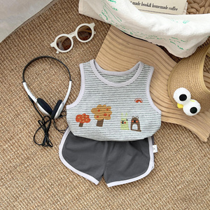 Pattern Printed Sleeveless T-shirt Vest Tops With Shorts Baby Boys Girls New Clothes Set