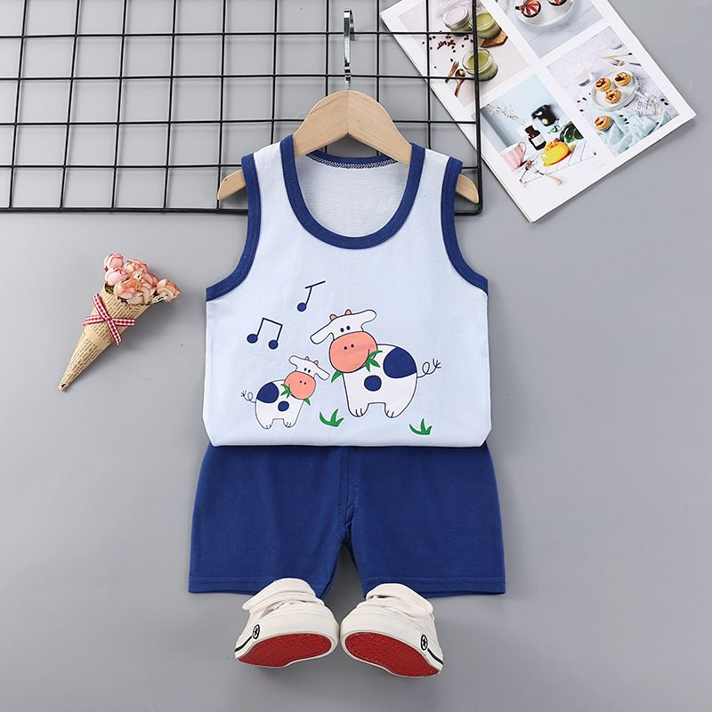 Kids Cheap Suit 100% Cotton Baby Clothes Boys Cartoon Sleeveless Vest With Short Pants Clothing Set Children Home Wear Two-Piece