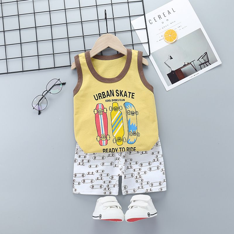 Kids Cheap Suit 100% Cotton Baby Clothes Boys Cartoon Sleeveless Vest With Short Pants Clothing Set Children Home Wear Two-Piece