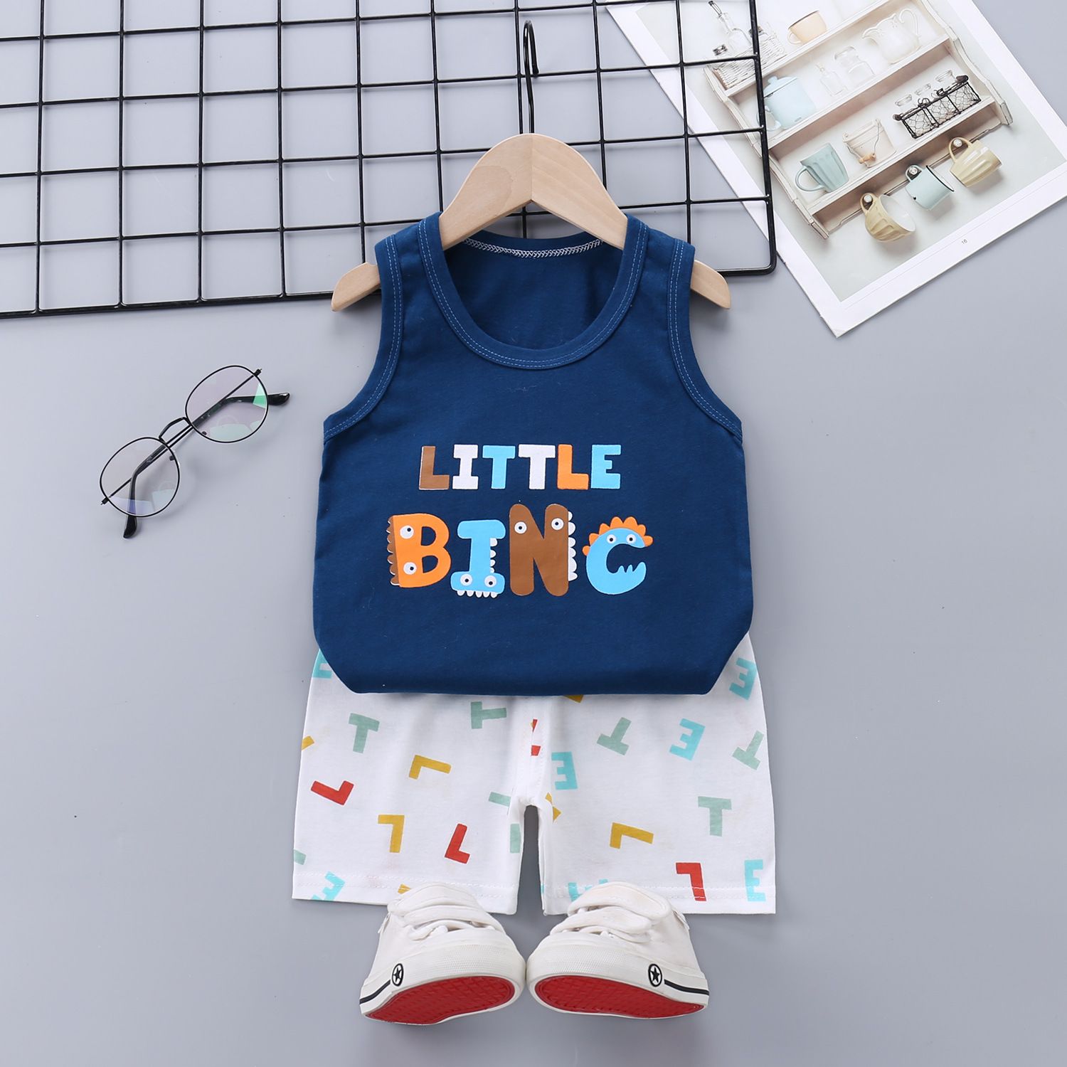 Kids Cheap Suit 100% Cotton Baby Clothes Boys Cartoon Sleeveless Vest With Short Pants Clothing Set Children Home Wear Two-Piece