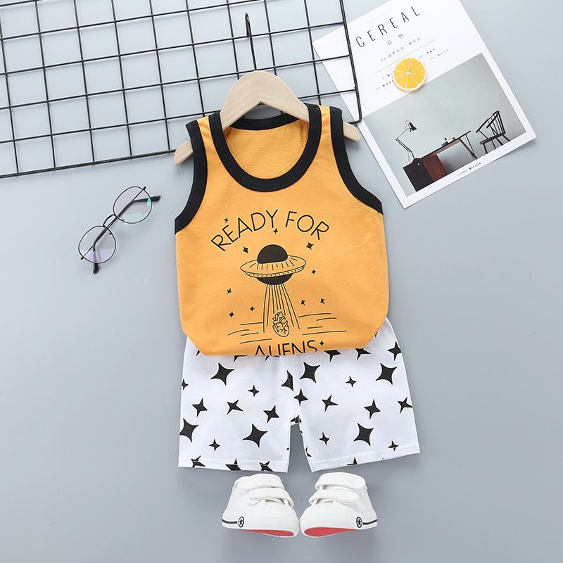 Kids Cheap Suit 100% Cotton Baby Clothes Boys Cartoon Sleeveless Vest With Short Pants Clothing Set Children Home Wear Two-Piece