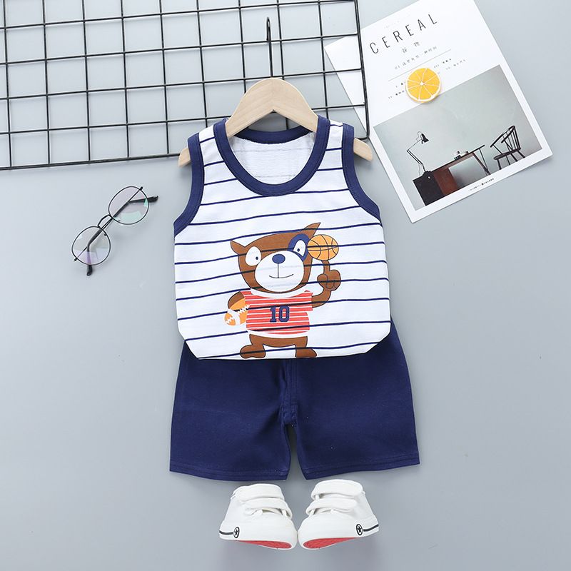 Kids Cheap Suit 100% Cotton Baby Clothes Boys Cartoon Sleeveless Vest With Short Pants Clothing Set Children Home Wear Two-Piece