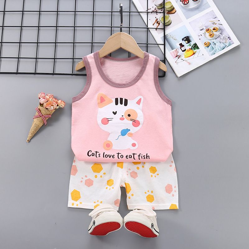 Summer Children Clothes Suit Toddler Baby Boys Cartoon Printed Pure Cotton Vest Shorts Clothing Set