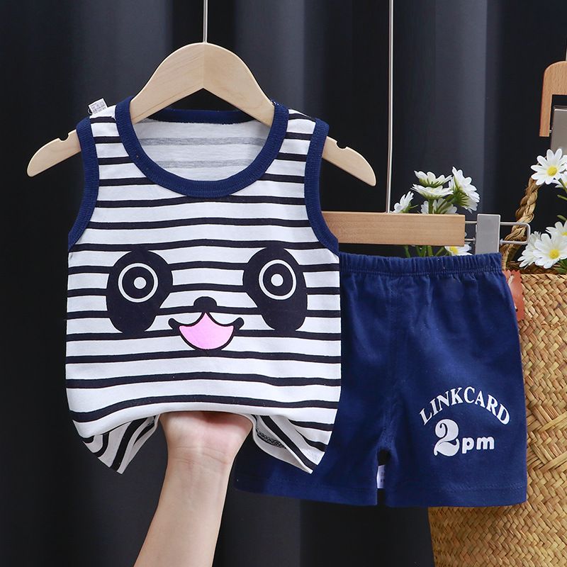 Baby Kids Boys Girls Clothing Sets Sleeveless T-shirt Clothes Suit Cute Cartoon Print Top Vest Shorts Pants Set