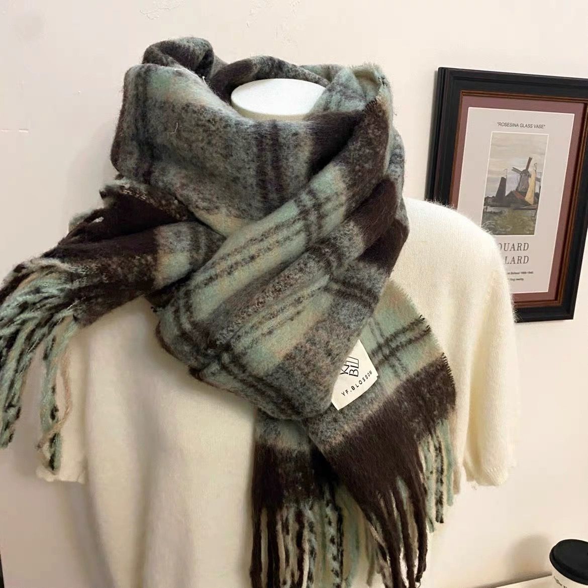 Maillard new double plaid scarf solid color mohair explosive scarf New Year's senior sense scarf