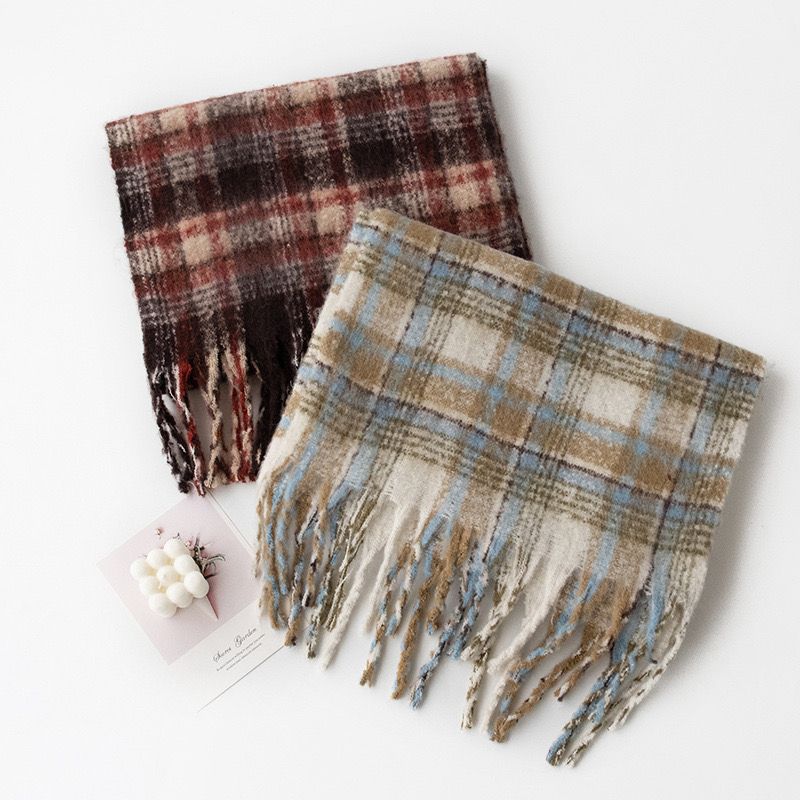 2024 new senior sense plaid scarf autumn and winter atmosphere fluffy imitation cashmere tassel shawl neck