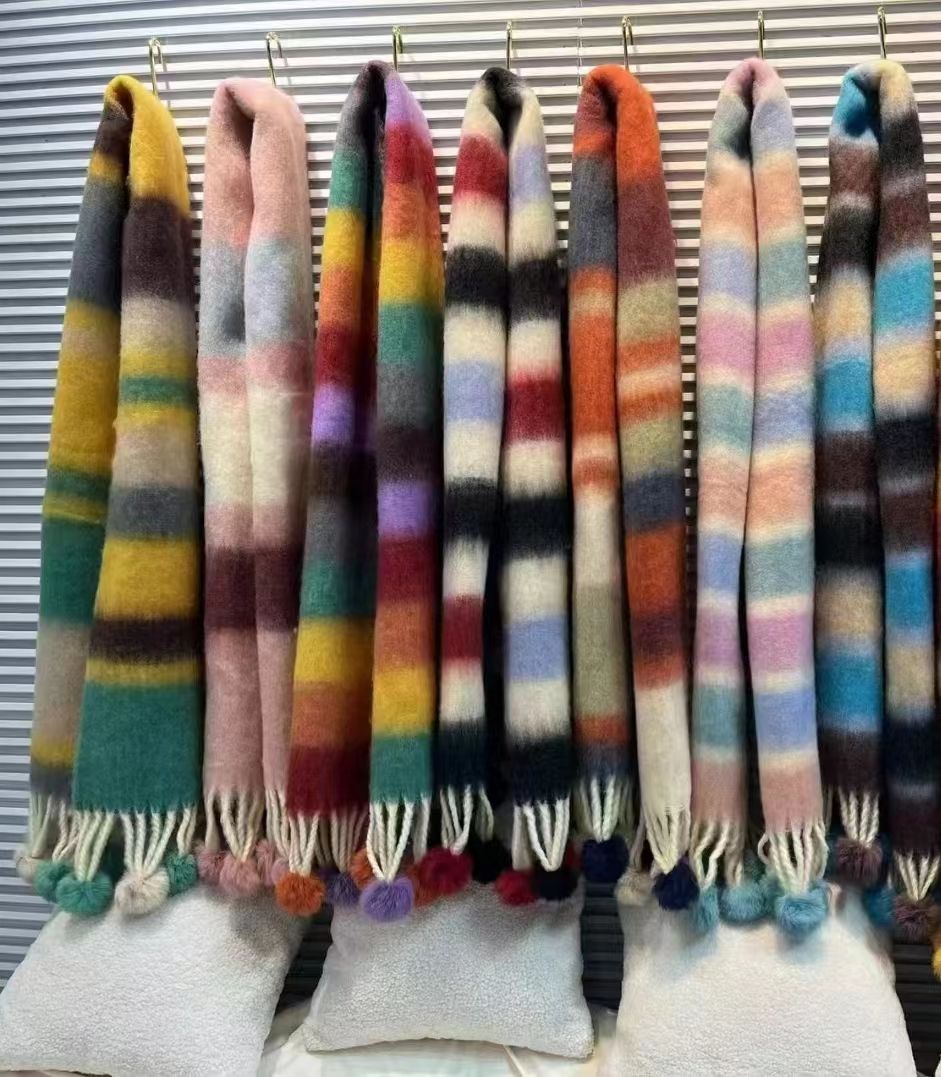 Rainbow dopamine mohair fringe scarf against color striped candy new warm plush shawl