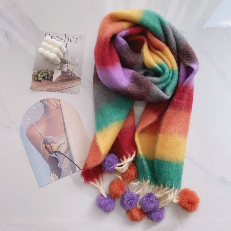 Rainbow dopamine mohair fringe scarf against color striped candy new warm plush shawl