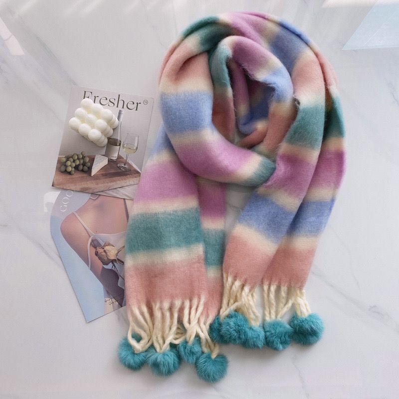 Rainbow dopamine mohair fringe scarf against color striped candy new warm plush shawl