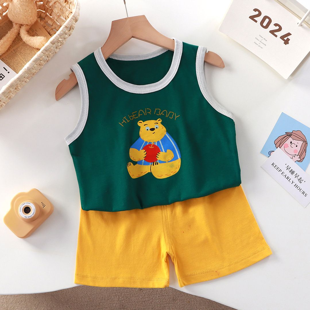 Summer Toddler Boys Daily Casual Cute Cartoon Printing Sleeveless Tops Shorts Loose Clothing Sets Vest Clothes Suits