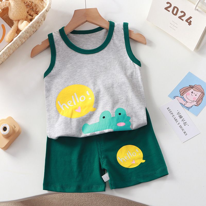 Summer Toddler Boys Daily Casual Cute Cartoon Printing Sleeveless Tops Shorts Loose Clothing Sets Vest Clothes Suits