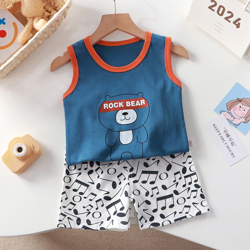 Summer Toddler Boys Daily Casual Cute Cartoon Printing Sleeveless Tops Shorts Loose Clothing Sets Vest Clothes Suits