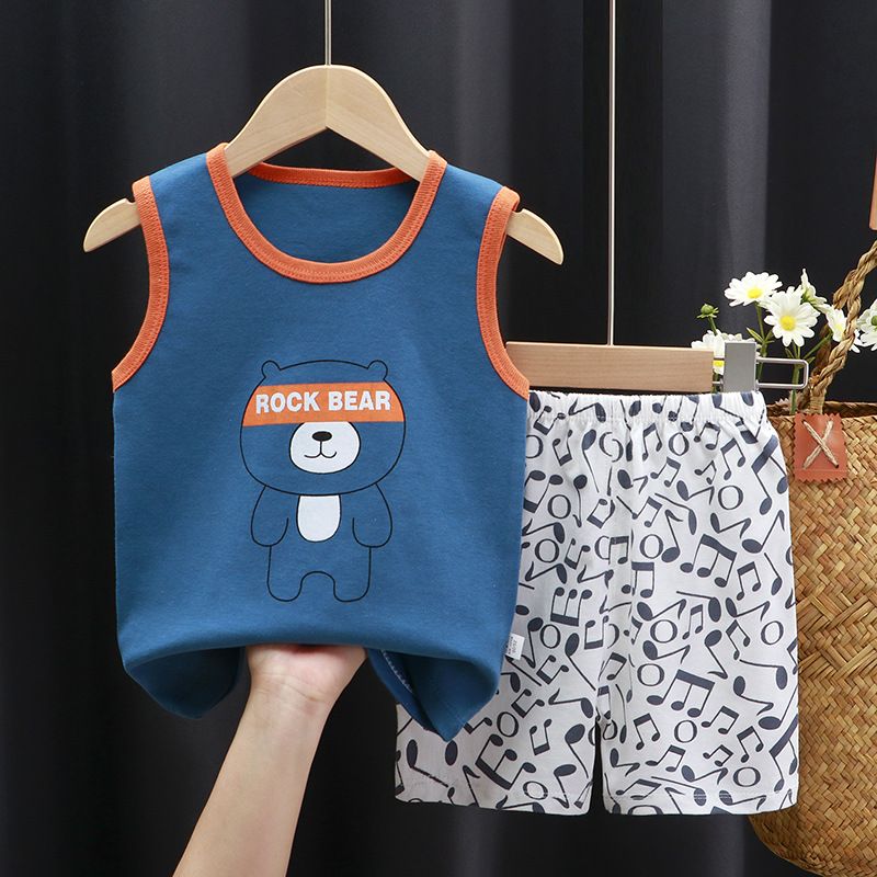 Summer Toddler Boys Daily Casual Cute Cartoon Printing Sleeveless Tops Shorts Loose Clothing Sets Vest Clothes Suits