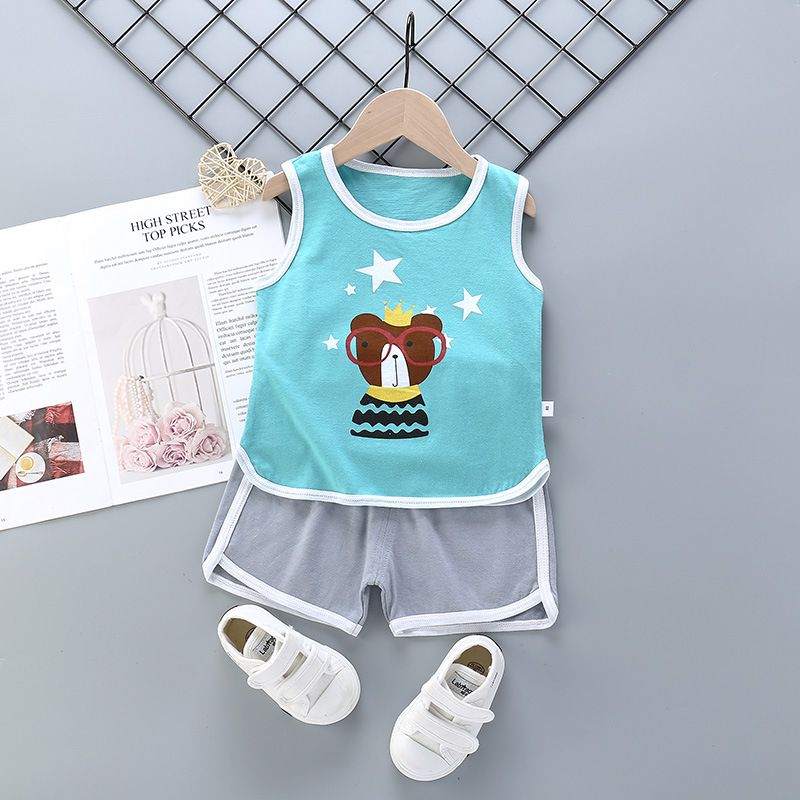 Sleevesless Cool Tops T-Shirt Vest Pure Cotton Shorts Boys Clothing Sets Loose Children Daily Home Clothes Suit For 0-6 Years