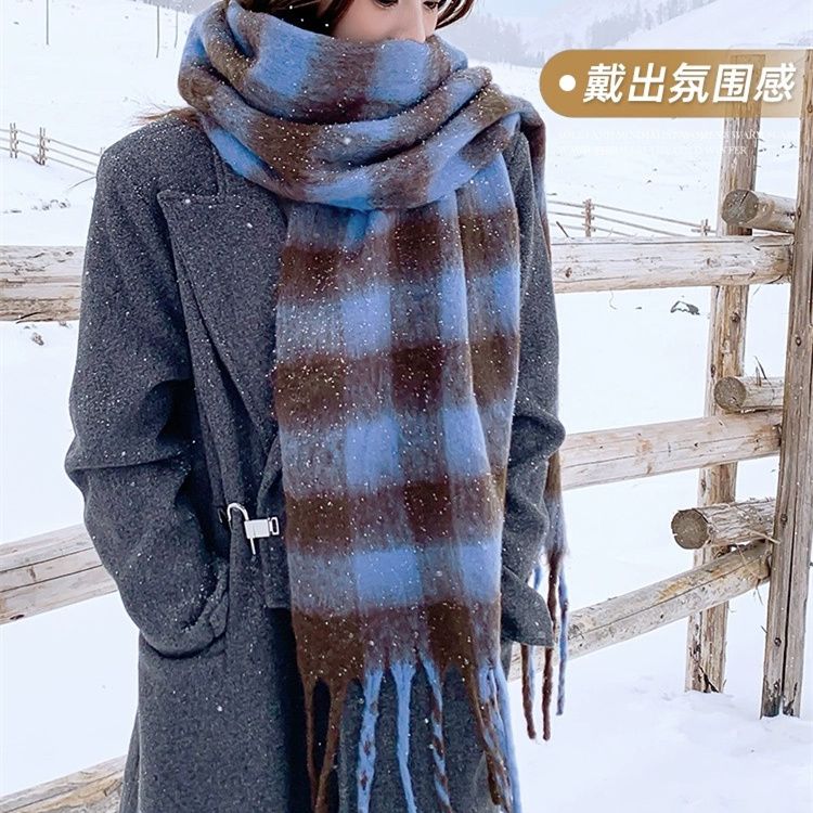 2024 Vintage plaid thickened scarf New Year's Advanced ambience fringe mohair warm scarf