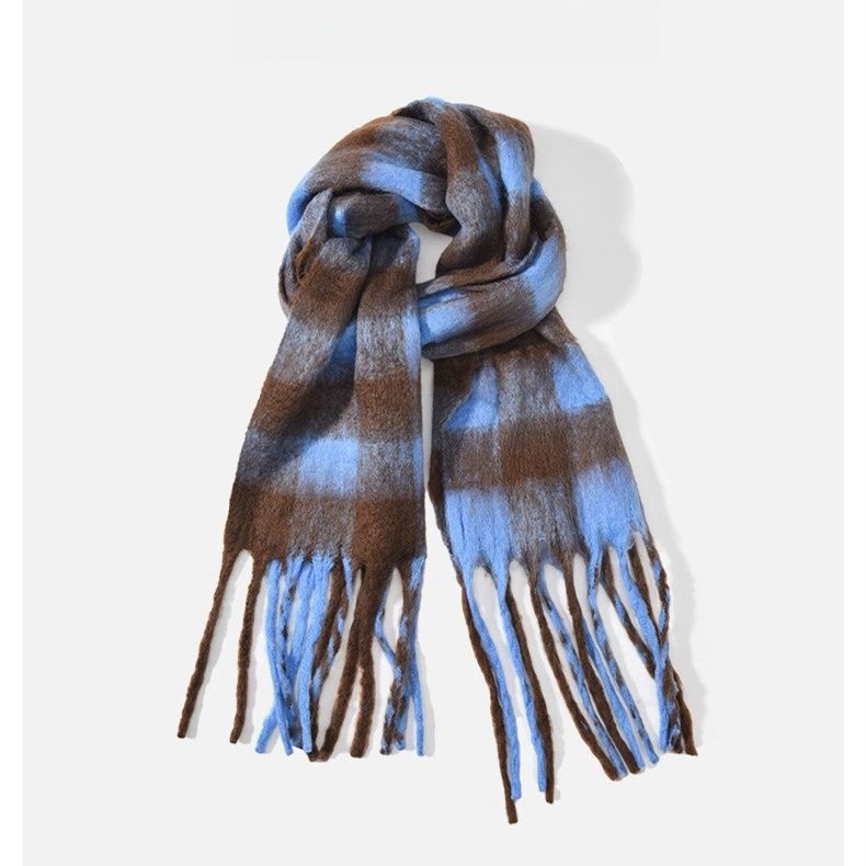 2024 Vintage plaid thickened scarf New Year's Advanced ambience fringe mohair warm scarf