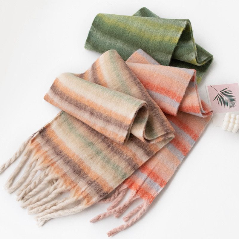 2024 New Year solid color retro scarf color strip mohair matching stripes new scarf