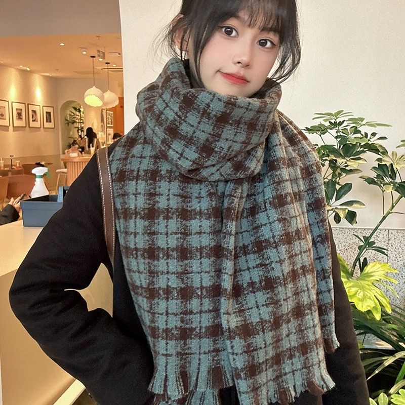 2024 New Year ambience scarf plaid retro imitation cashmere soft waxy shawl everything rich check scarf