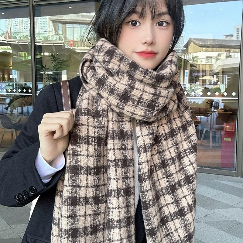 2024 New Year ambience scarf plaid retro imitation cashmere soft waxy shawl everything rich check scarf