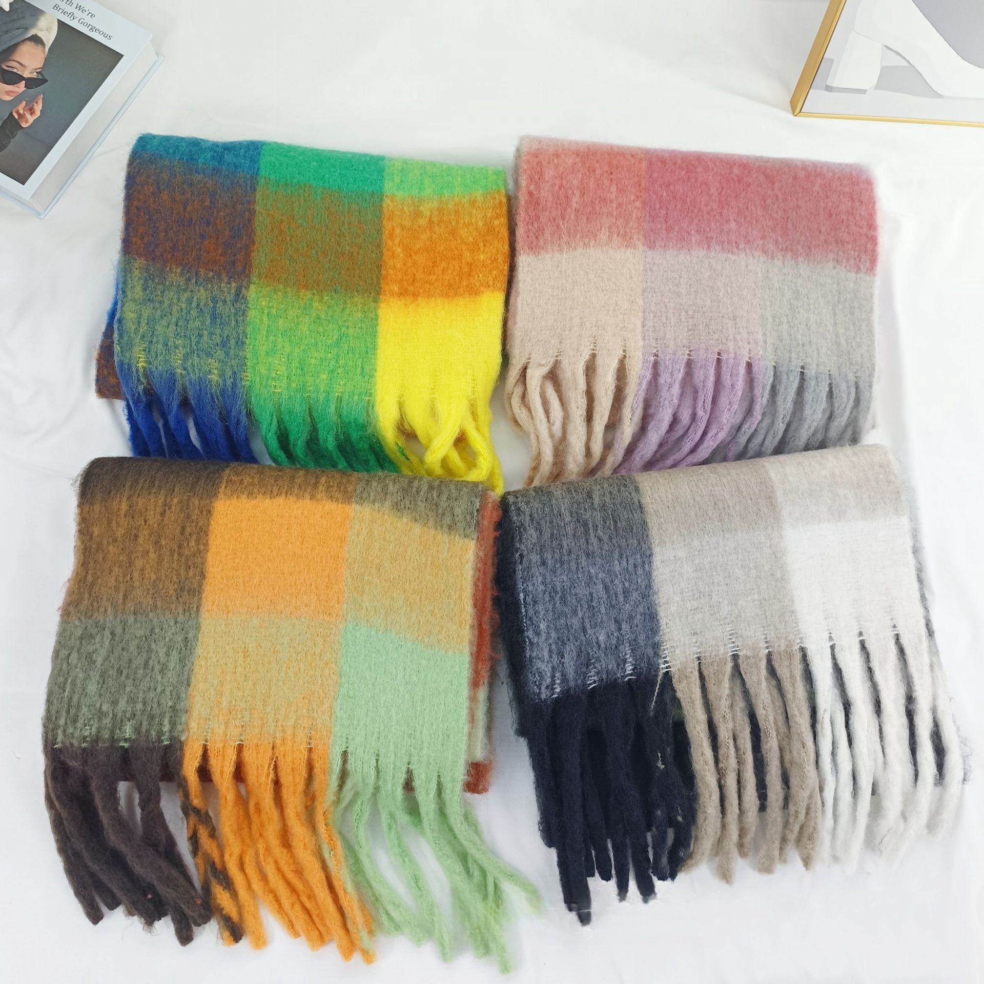 Winter macaron thickened mohair soft waxy fluffy scarf Autumn winter cold warm plush shawl solid color neck