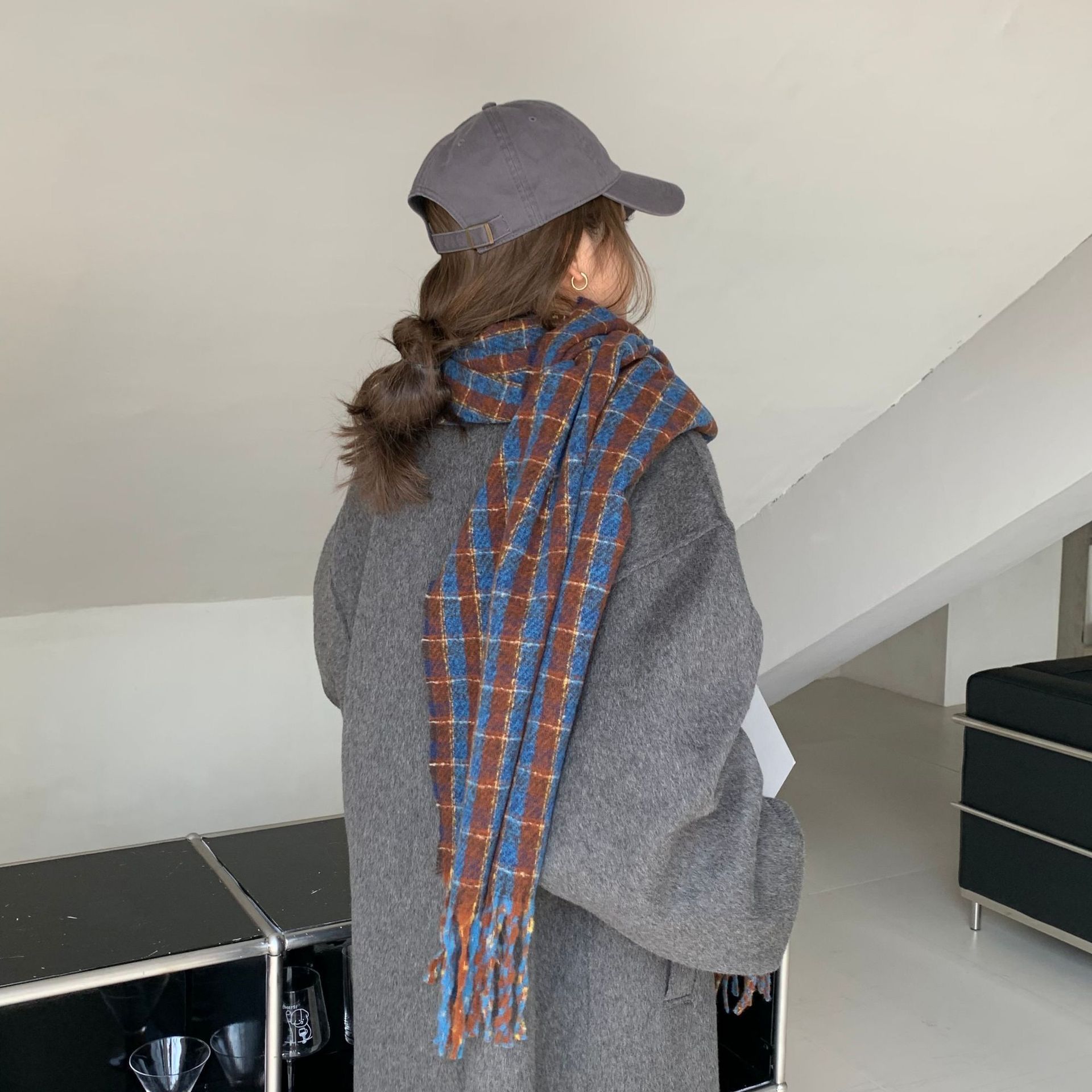 Plaid vintage scarf for girl with Instagram bib warm student couple cape