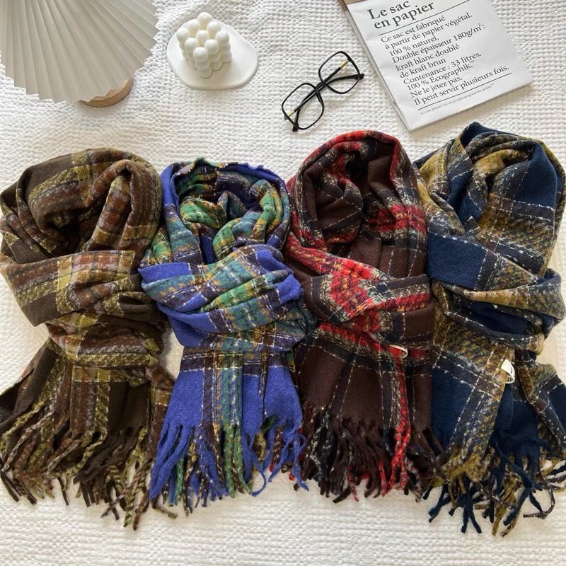 Plaid scarf girls winter new all-match thick coat vintage schoolgirl shawls couple