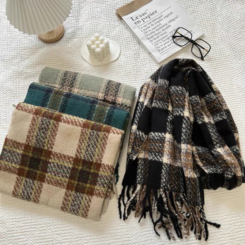 Plaid scarf girls winter new all-match thick coat vintage schoolgirl shawls couple