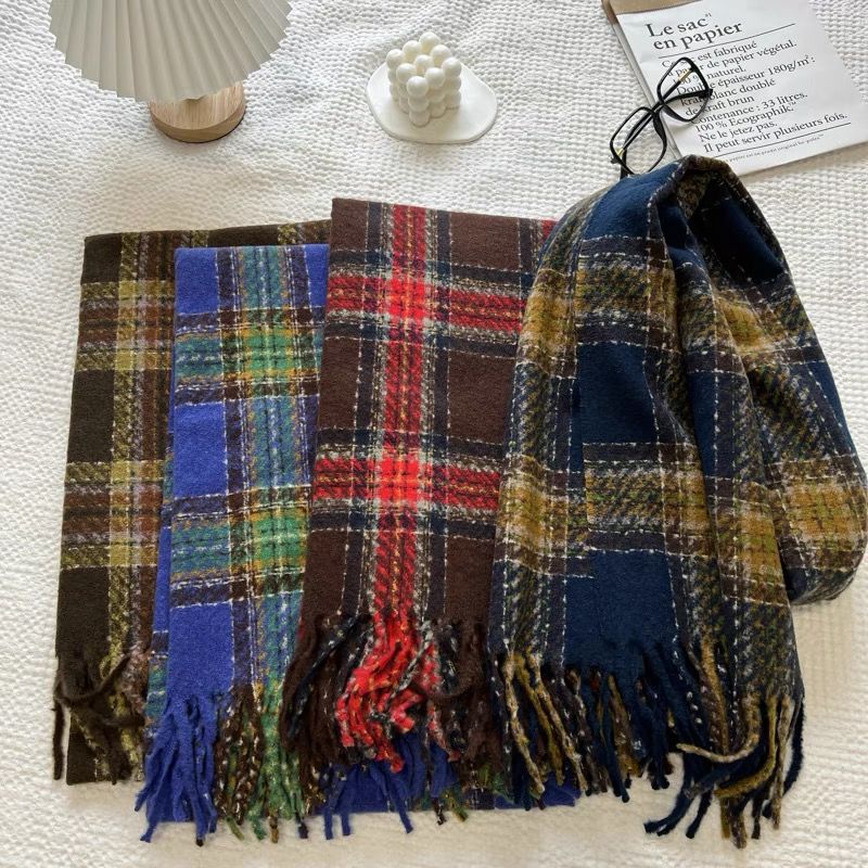 Plaid scarf girls winter new all-match thick coat vintage schoolgirl shawls couple