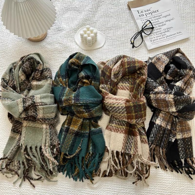 Plaid scarf girls winter new all-match thick coat vintage schoolgirl shawls couple